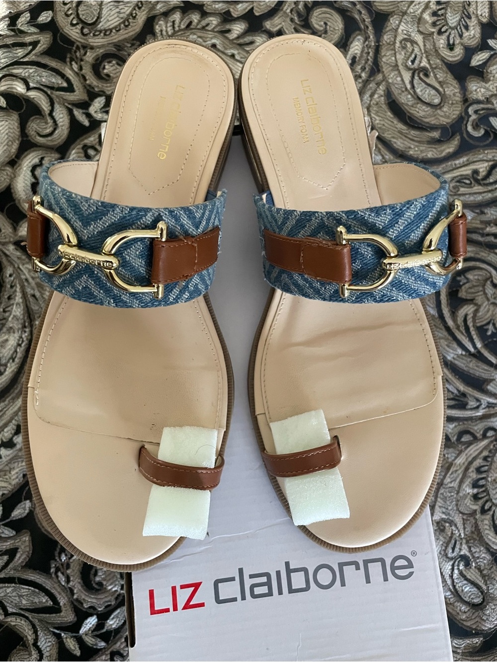 Liz Claiborne L C Argent Denim & Brown Leather Slide Sandals with Gold Hardwar